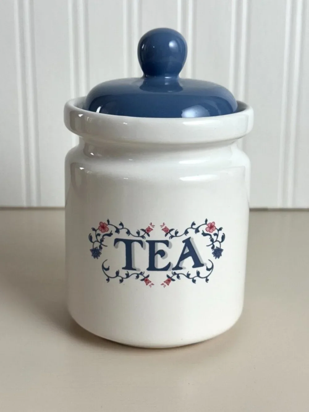Vtg 90s Jay Ceramic Coffee & Tea Canisters Jars Blue & White Floral Cottagecore